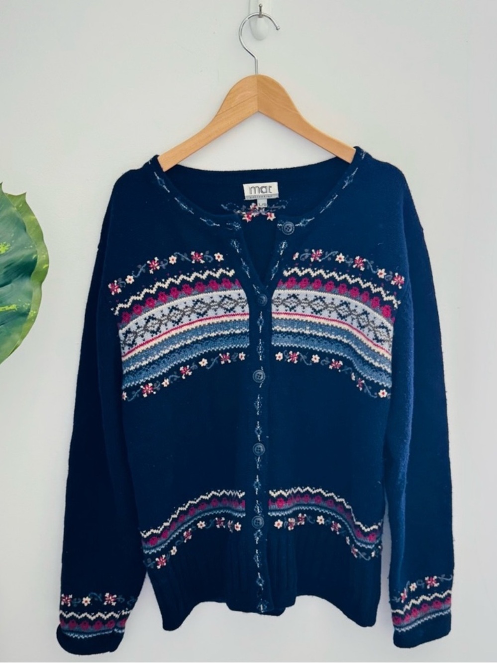 MAT COLLECTION | Vintage Wool Fair Isle Cardigan Sweater Navy Blue Large
